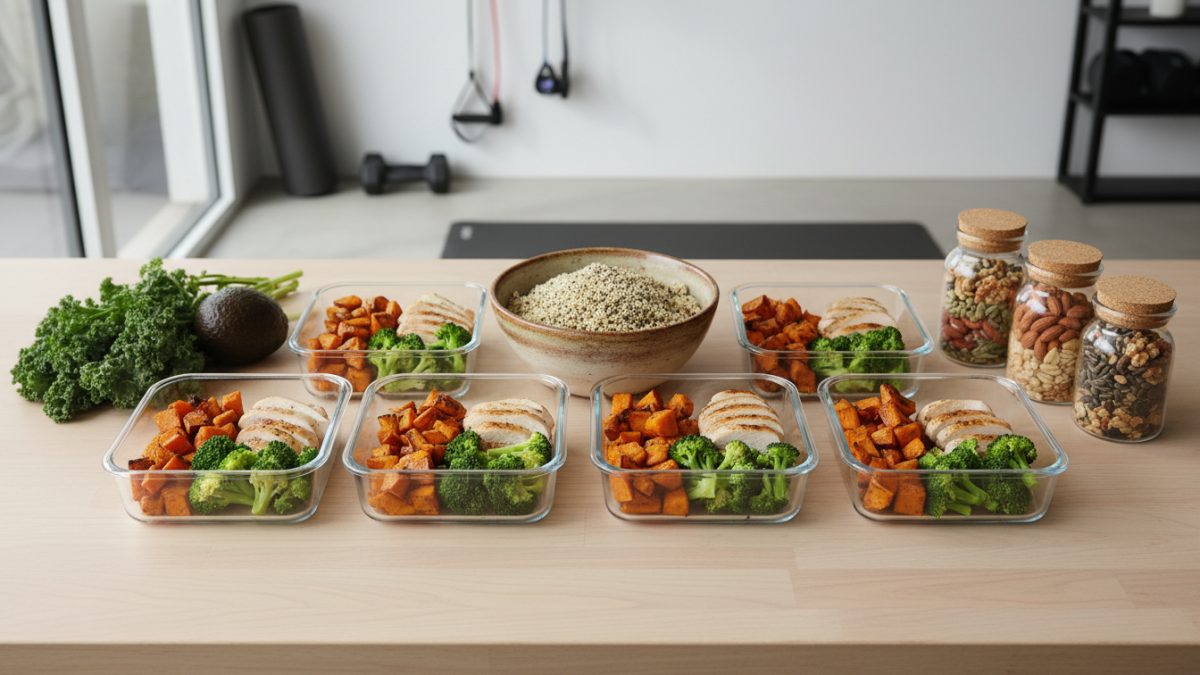Préparation de repas équilibrés avec poulet, riz complet, légumes verts et balance de cuisine