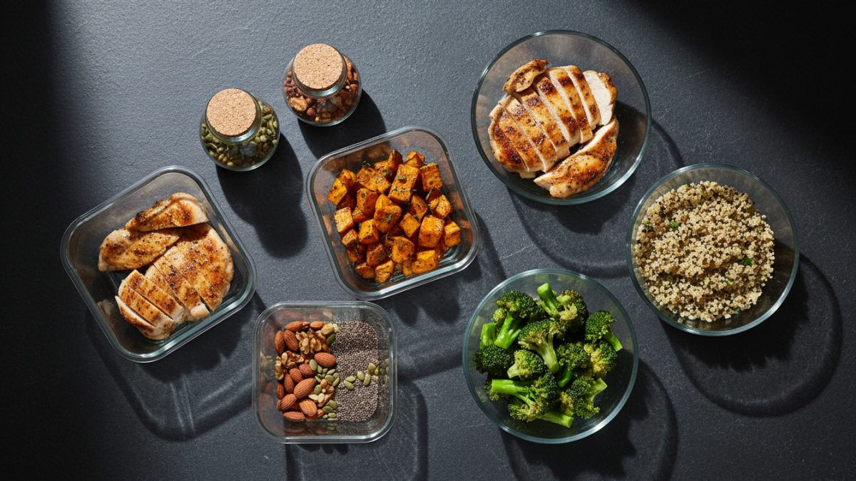 Meal prep containers with balanced portions of salmon, sweet potatoes, and broccoli next to a kitchen scale and notebook on a kitchen counter