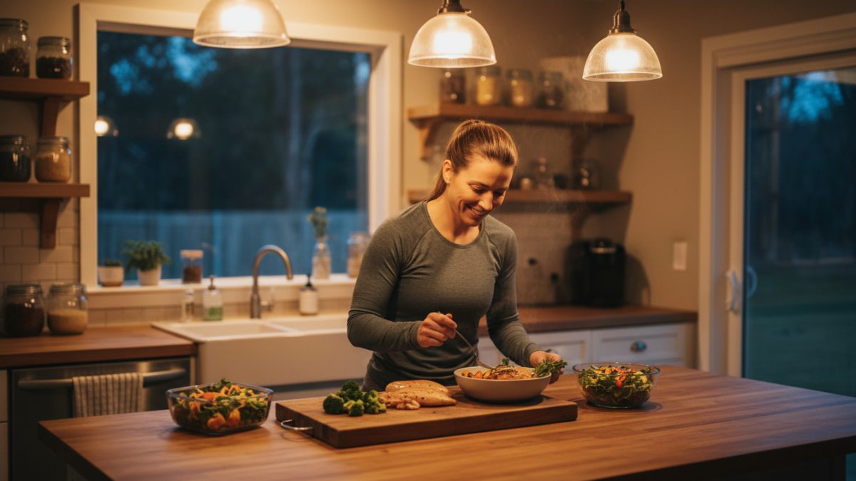 Contenants de préparation de repas santé avec poulet grillé, patates douces et brocoli sur un comptoir de cuisine