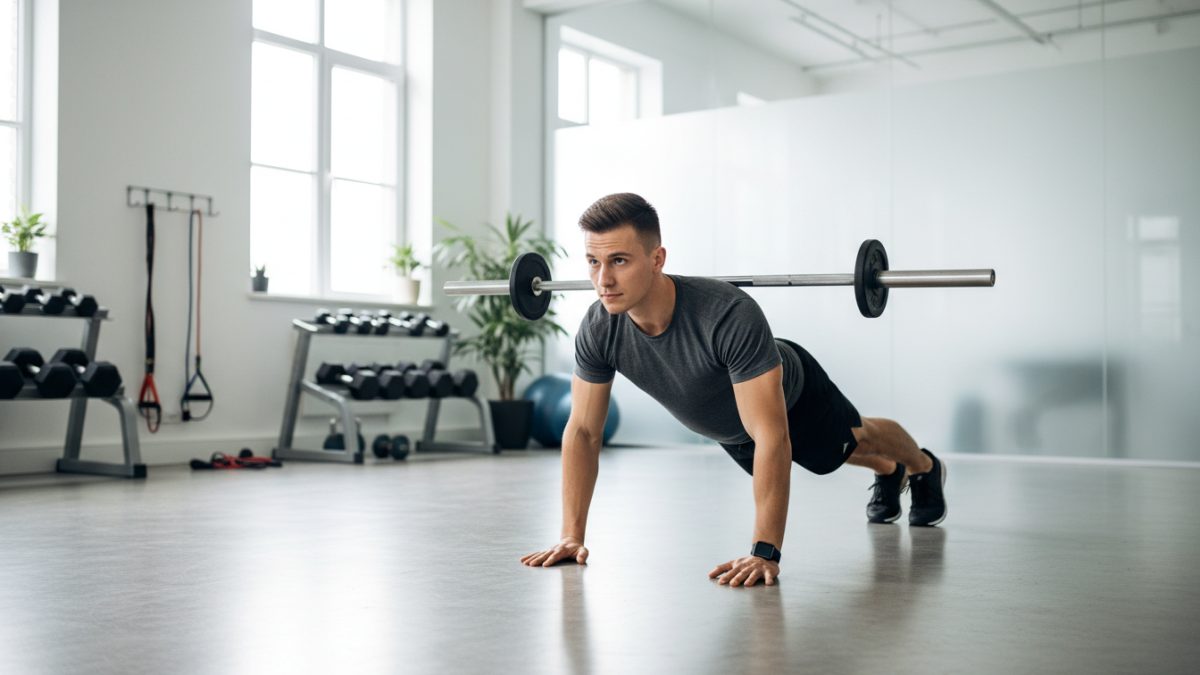 Pratiquant de musculation assis sur un banc de musculation lors d'un temps de repos en salle de sport.