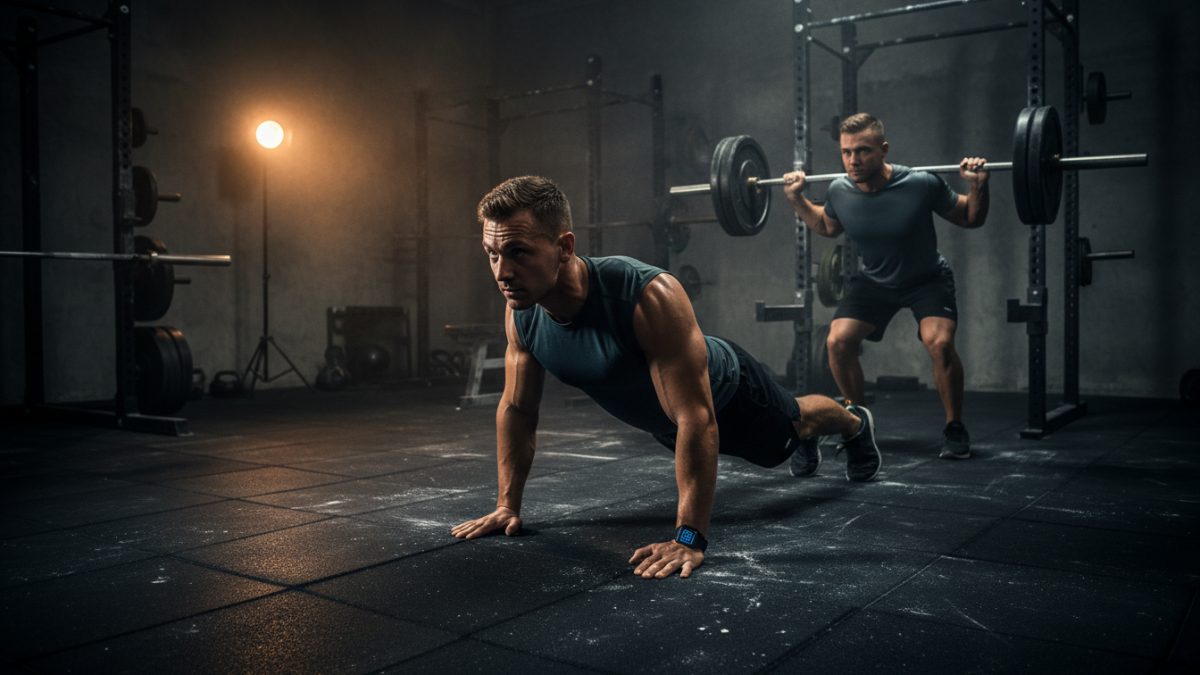 Pratiquant de musculation assis sur un banc de musculation lors d'un temps de repos en salle de sport.